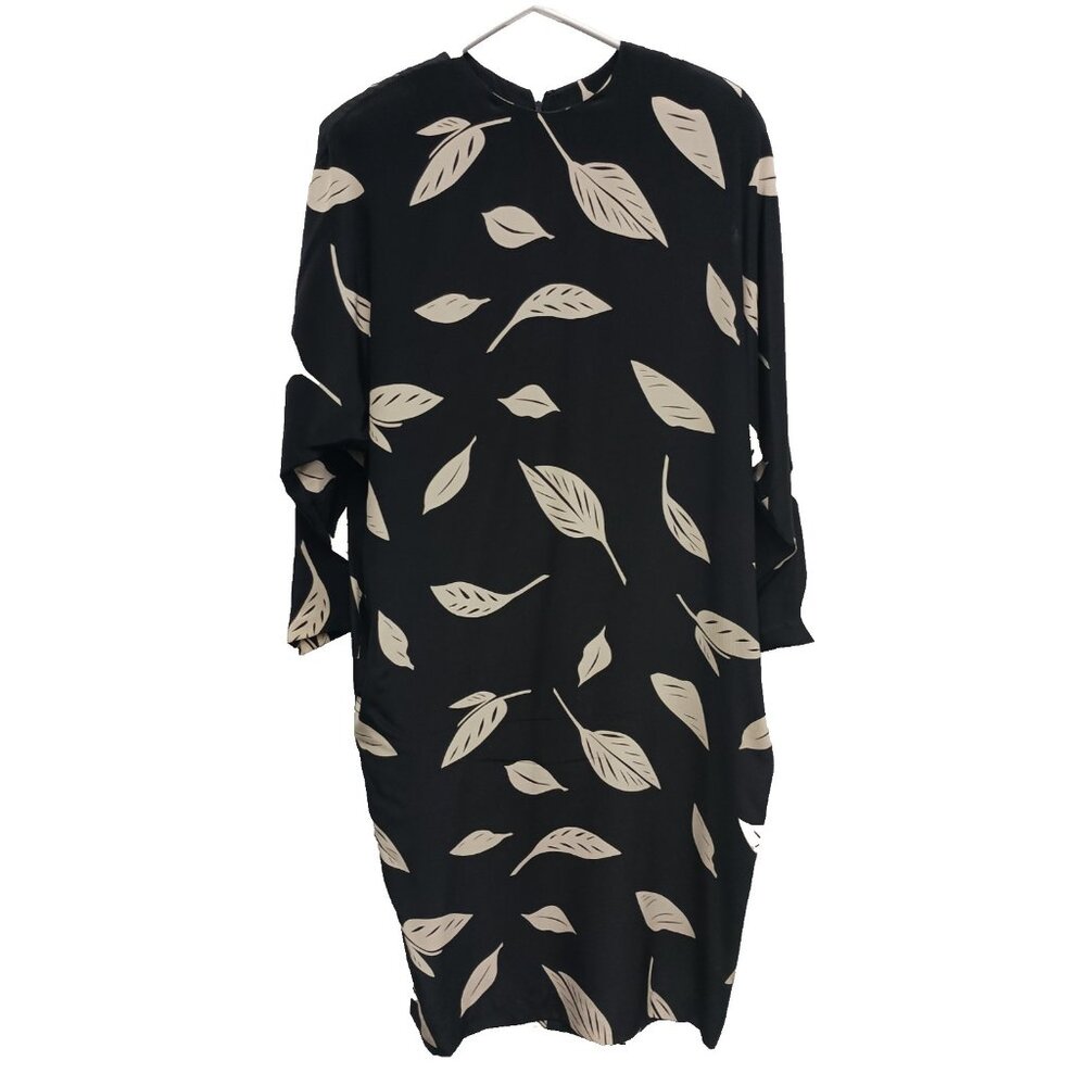 VTG 80s Yeohlee New York Womens Midi Dress Small Black Cream Leaf Print Silk